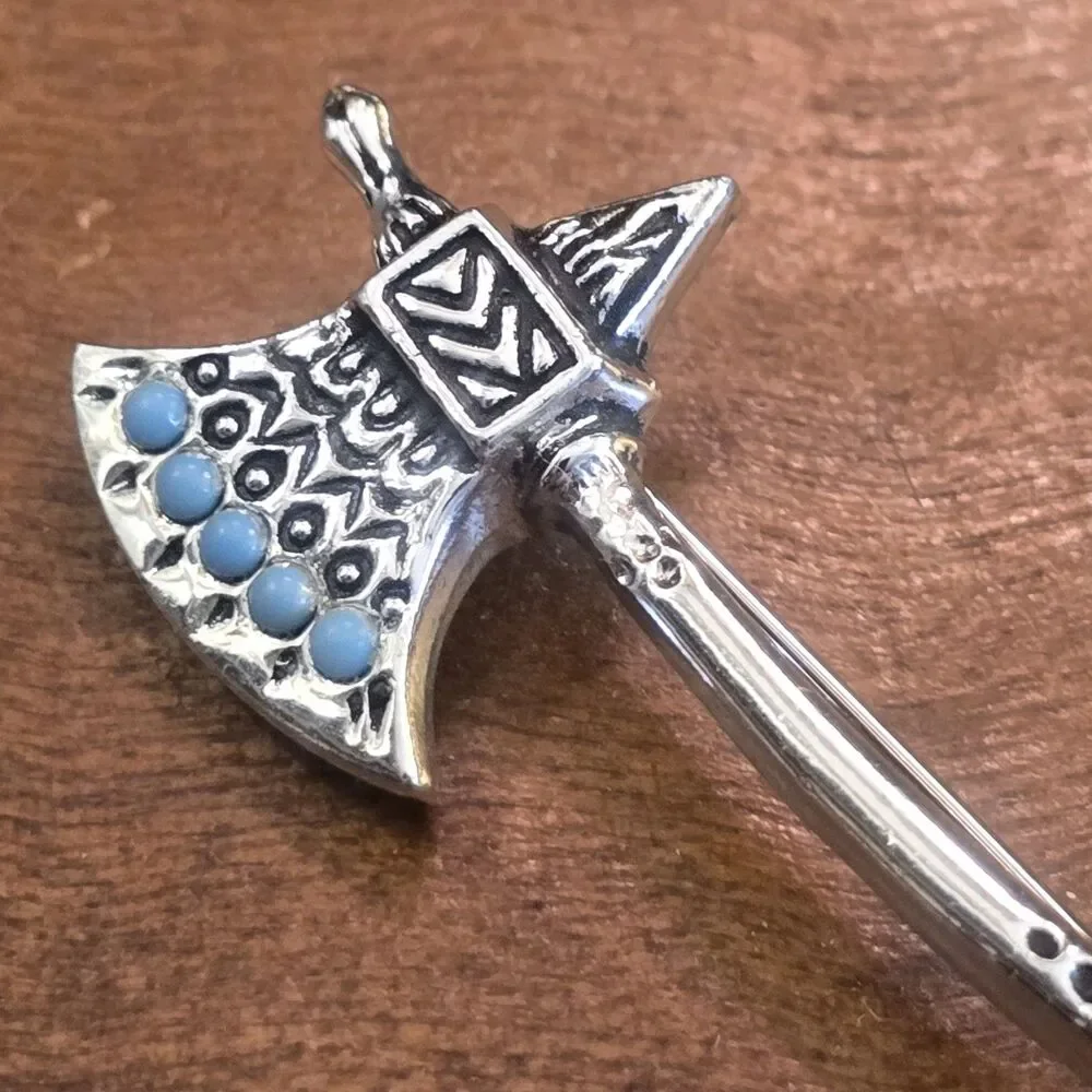 Tomahawk Brooch Vintage Silver-tone w/ Faux Turquoise Engraved Detailing 2.5
